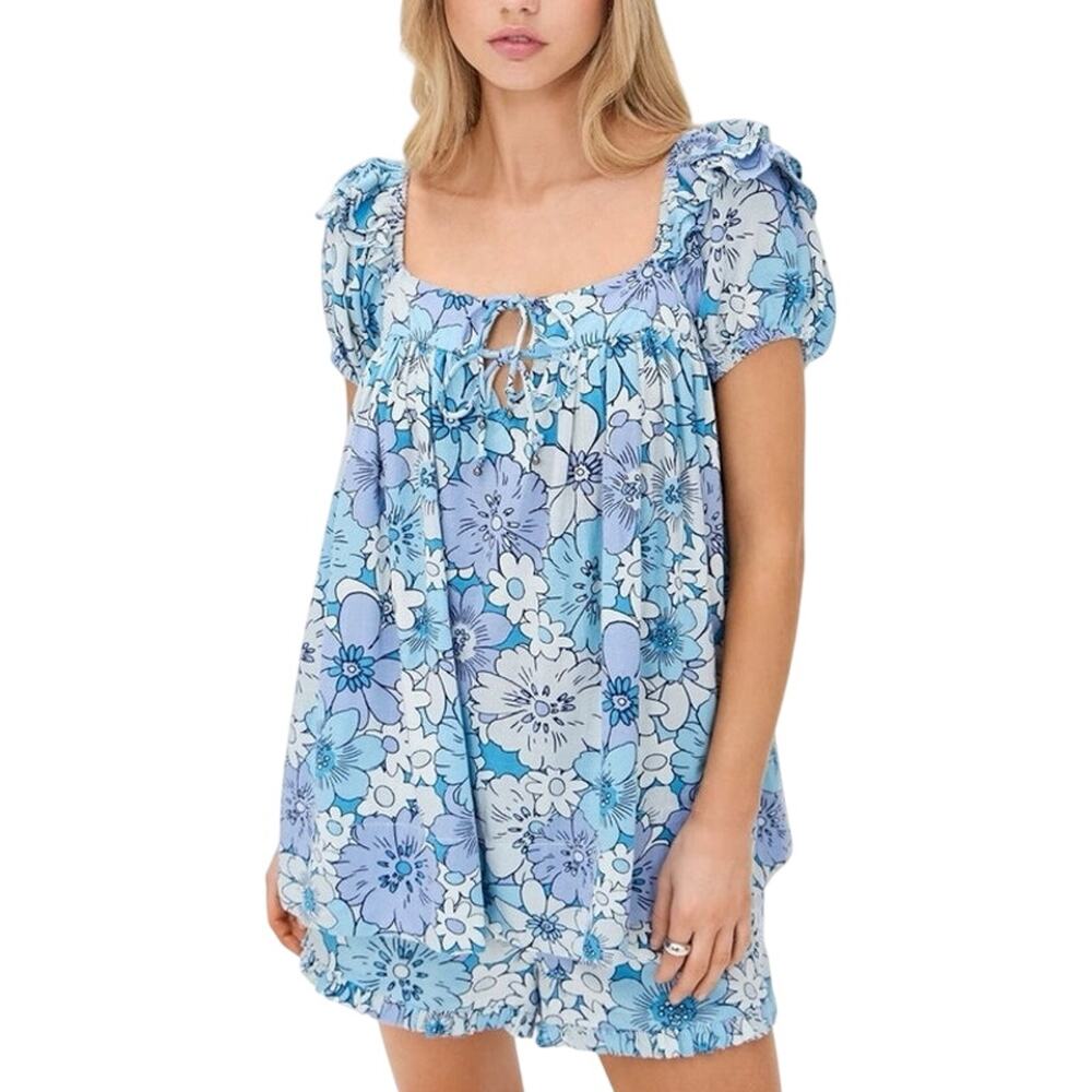 Free People Maggy Mae Top Shorts 2 Pc Set M Ruffle Floral Pull On Beach Blue